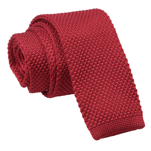 Plain Knitted Skinny Tie - Burgundy