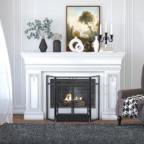 HOMCOM 3-Panel Folding Fireplace Screen with Door, Freestanding Spark