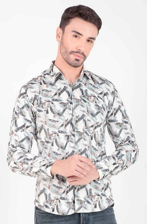 Men Premium Spread Collar Abstract Printed Cotton Slim Fit Casual