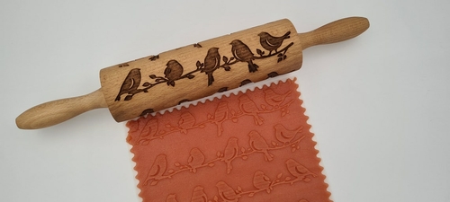 Engraved Rolling Pin Natural Wood Folk Kitchen Pins Handmade - Birds