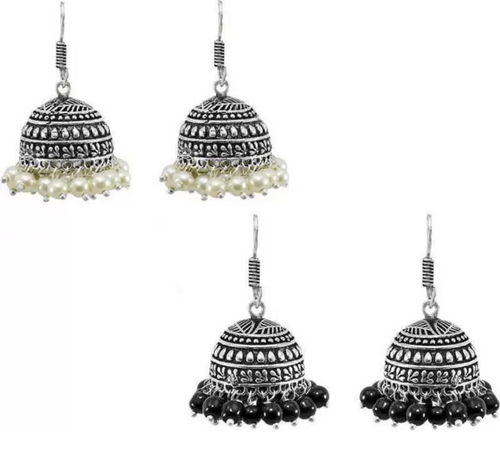 Oxidised Silver plated Combo of Black & White beaded hook drop light