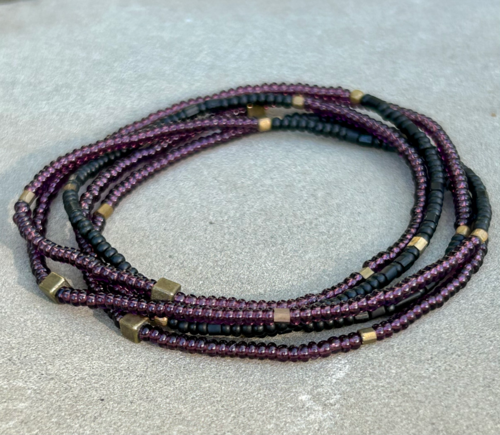 Plum-Purple, Black, & Bronze 5-Wrap Seed Bead Bracelet