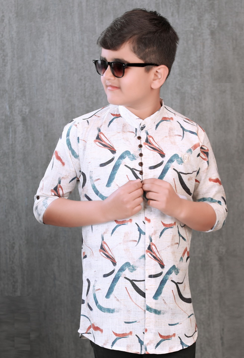 Boys Printed Cotton Casual Kurta (Color Beige) (Size 4 - 5 Years)