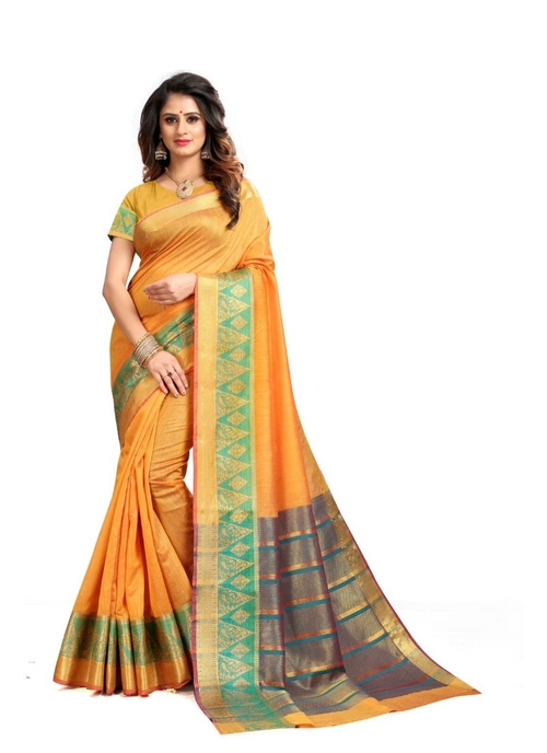 Generic Women's Cotton Silk Saree(Yellow, 5.5-6