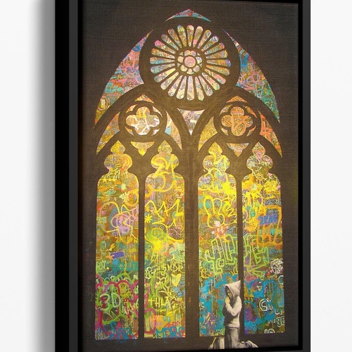 Banksy Stained Glass Window Floating Framed Canvas