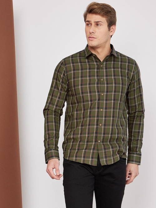 Men's Cotton Checkered Casual Shirt (Color Olive) (Size M)