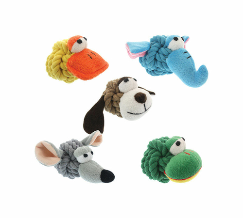 Multipet International 29035 4 in. Rope Head Animals Dog Toy