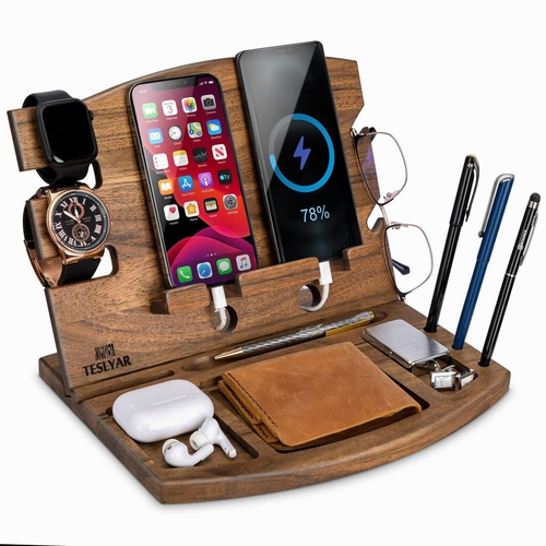 TESLYAR Natural Walnut Wood Phone Docking Station Phone Key Holder