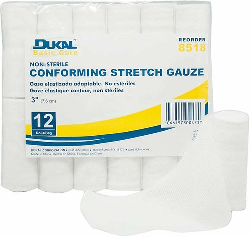 Dukal Conforming Stretch Gauze 3". Pack of 12 Bandages Rolls. Light
