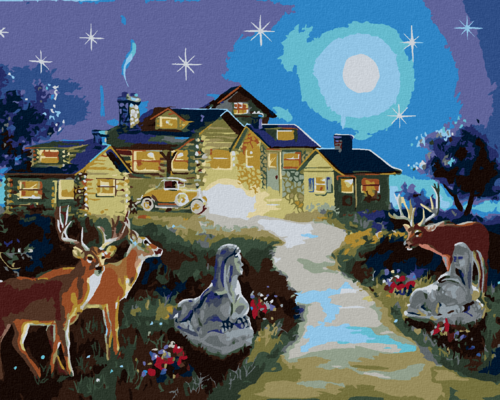 Zuty - Paint by Numbers - DEER AND DOE BY THE HOUSE (D. RUSTY RUST),