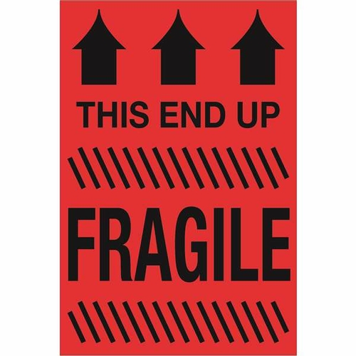 Tape Logic DL1325 2 x 3 in. - This End Up - Fragile Fluorescent Red La