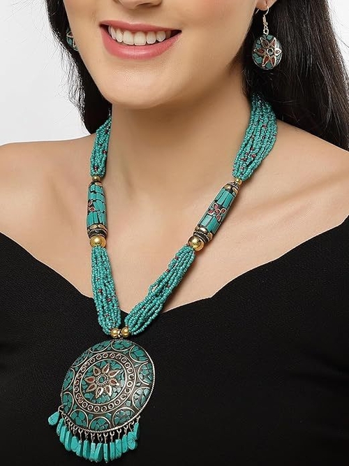 Traditional Tibetan Pendant Necklace Jewellery Set for Women GREEN