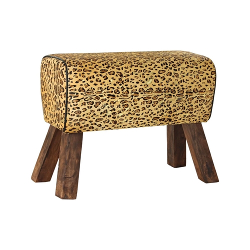 Footrest DKD Home Decor Black Wood Brown Leather Leopard (67 x 30 x 51