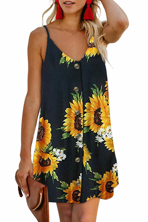 Black Sunflower Pattern Buttoned Slip Cami Dress