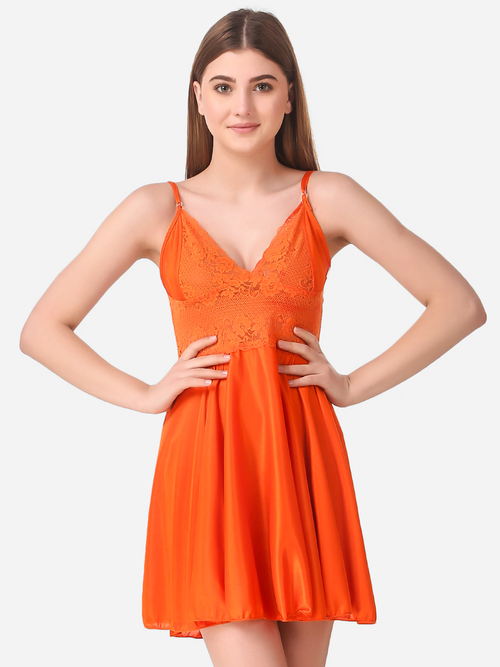 Romaisa Women's Satin Solid Orange Above Knee Length Babydoll