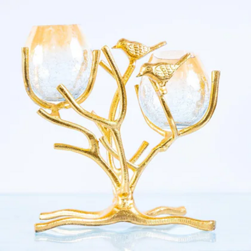 Crear Novelty Gold Brushed Aluminium Two Birds On A Branch Tealight