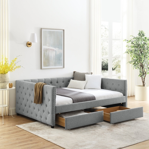 Upholstered Full Size Daybed with Two Drawers, with Button and Copper