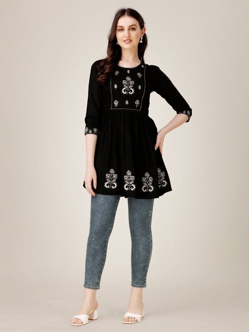 Women Embroidered Rayon Top (Size-38) (Color-BLACK)