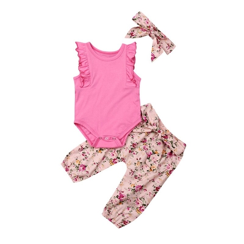 3PCS Newborn Baby Girls Tops Romper Floral Pants