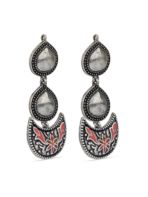 Oxidised Silver Tear Drop & Crescent Floral Maroon Enamel Drop Earring