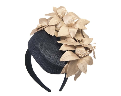 Navy & gold pillbox with leather flowers