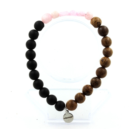 Kunzite + Matte Black Onyx + wood Bracelet 8 mm Beads.