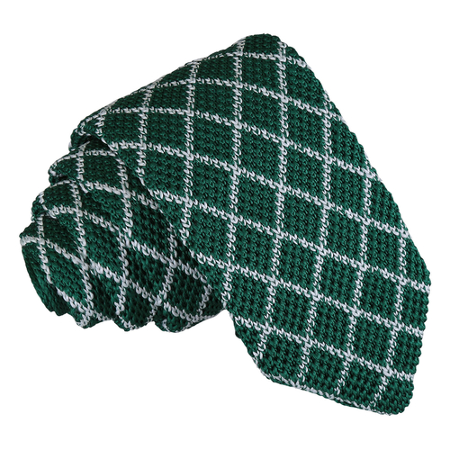 Diamond Grid Knitted Slim Tie - White & Olive