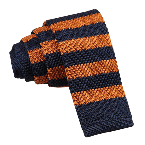 Knitted Striped Skinny Tie - Navy & Orange