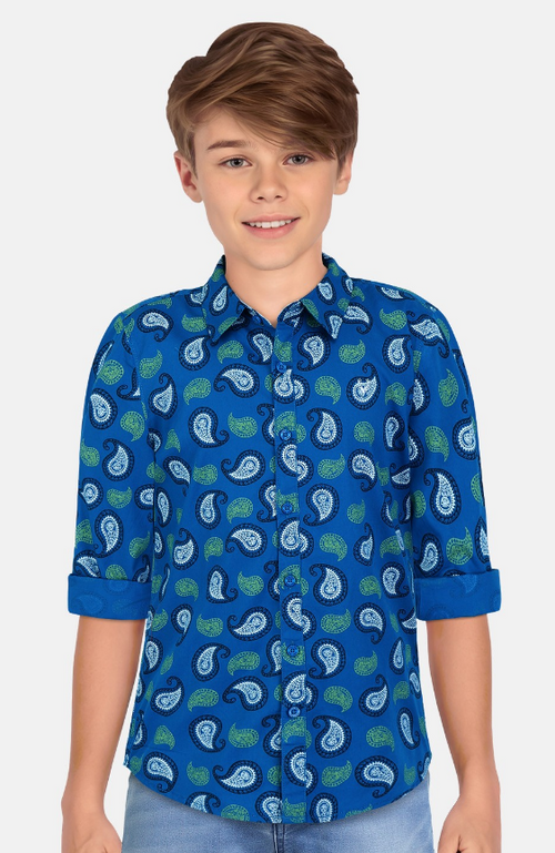 Boys Slim Fit Printed Pure Cotton Casual Shirt (Color Blue) (Size 4 -