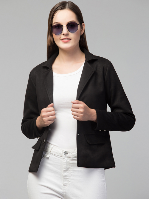 Women Classic Essential Linen Lapel Suede Jacket (Color Black) (Size
