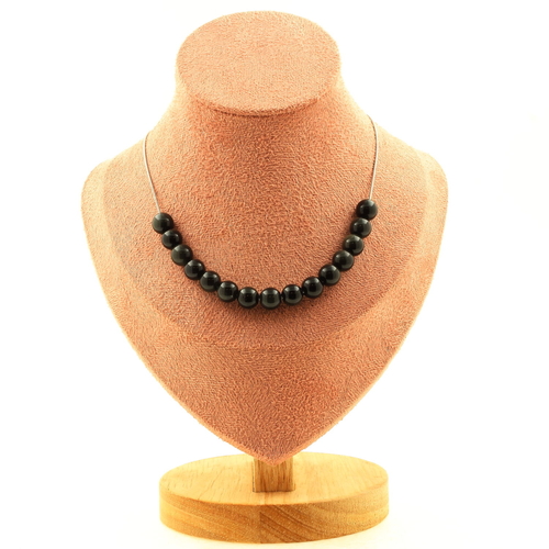 Black obsidian 8 mm 15 beads necklace stainless steel chain