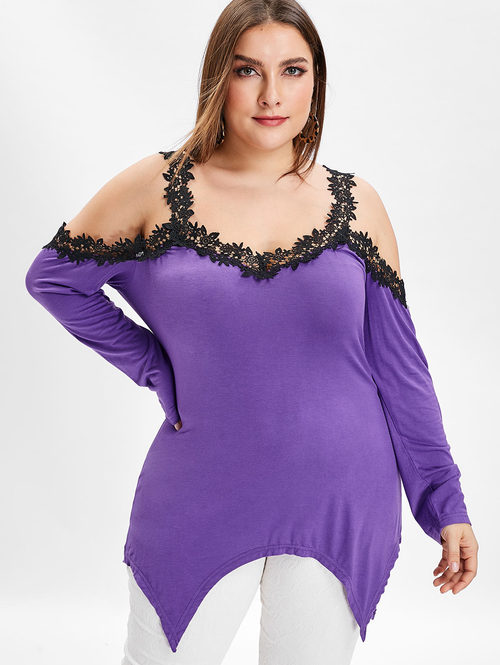  Women Plus Size Lace Panel Open Shoulder