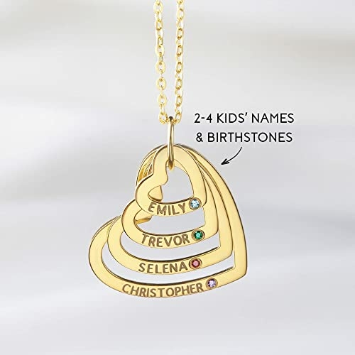 Mom Necklace With Birthstones, Kids Names Necklace, Heart Necklace