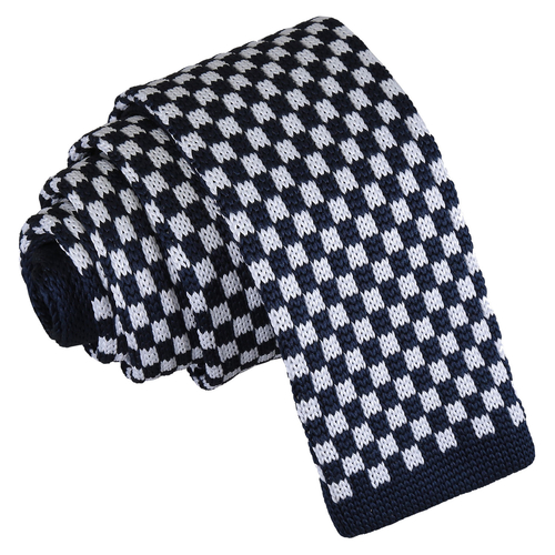 Check Knitted Skinny Tie - White & Navy