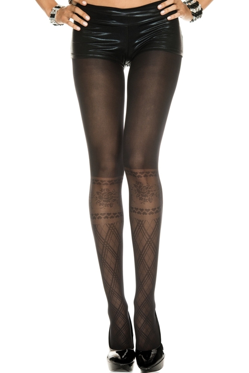 Faux Argyle & Floral Design Spandex Pantyhose - Black