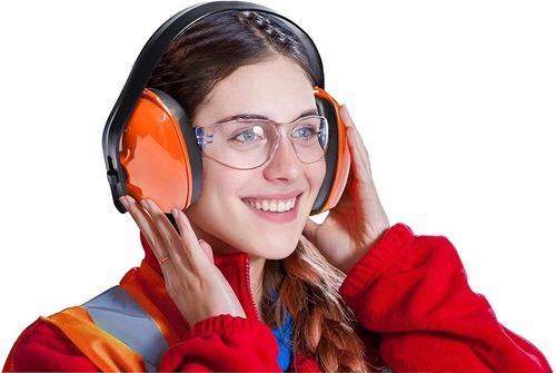 Safety Orange Black Ear Muffs. Adjustable Headband Earmuffs for