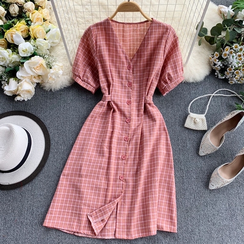 Women Plaid Short Sleeve Dress Korean