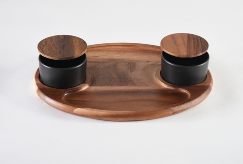 Charcuterie/ Serving Tray w/ 2 black ceramic bowls w/ lids 12" x 15"