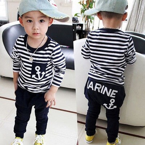 2pcs Boys Long Sleeve Stripe Outfit Toddler Kids