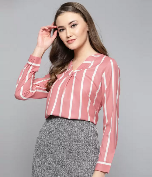 Casual Regular Sleeves Striped Women Pink Top (Size L)