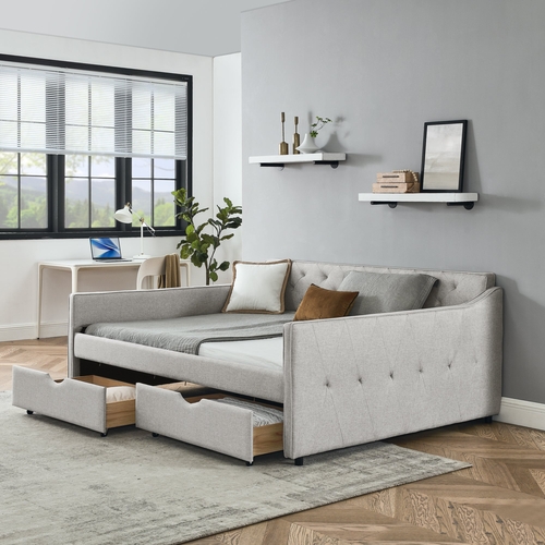 Queen Size Daybed with Drawers Upholstered Tufted Sofa Bed,,with