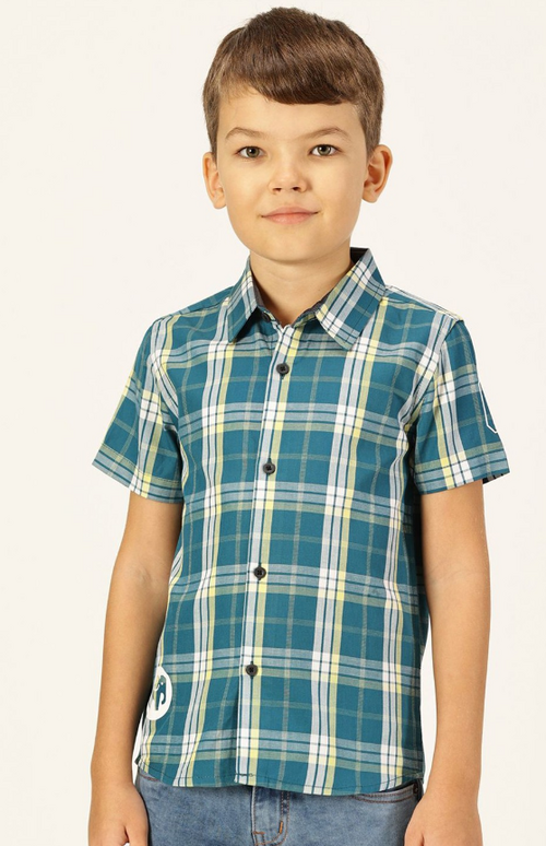 Boys Premium Spread Collar Windowpane Checked Cotton Casual Shirt