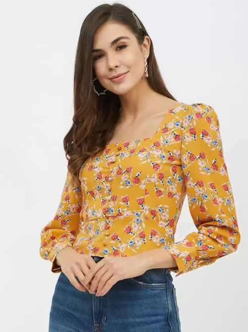 Casual Regular Sleeves Printed Women Mustard Top (Size XL)