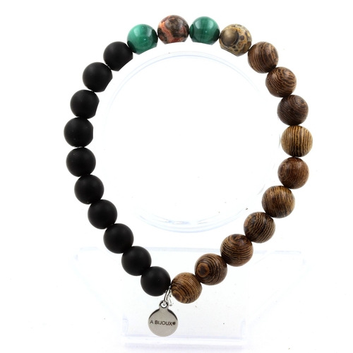 Malachite + African Turquoise + Matte Black Onyx + Wood Bracelet 