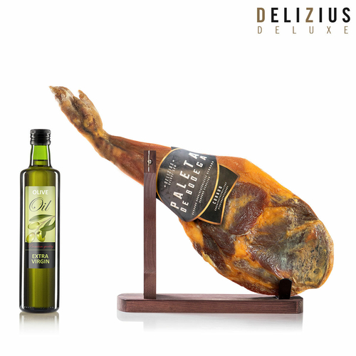 Set of Cellar Cured Ham Shoulder, Olive Oil and Ham Holder Delizius