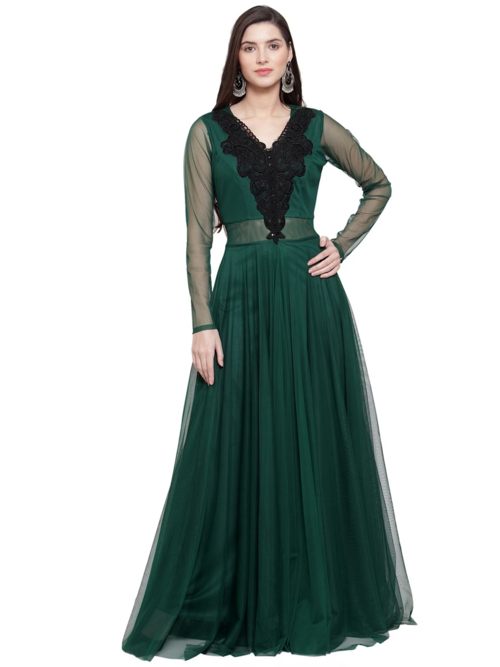 Gown with Floral Lace Neckline (Size-M) (Color-GREEN)