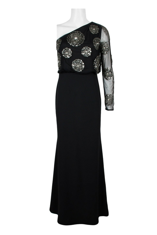 Adrianna Papell One Shoulder Long Sleeve Blouson Embellished Mesh