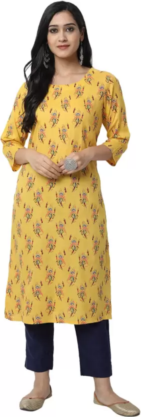 Women Printed Viscose Rayon Straight Kurta  (Yellow) Size XXL