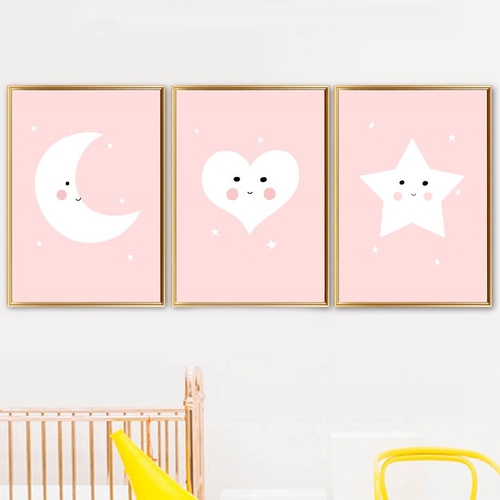 Cartoon Moon Star Heart Wall Art Canvas Painting