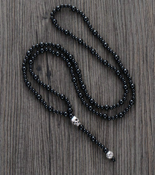 Men Necklace Quality Black Onyx with Skull Mens